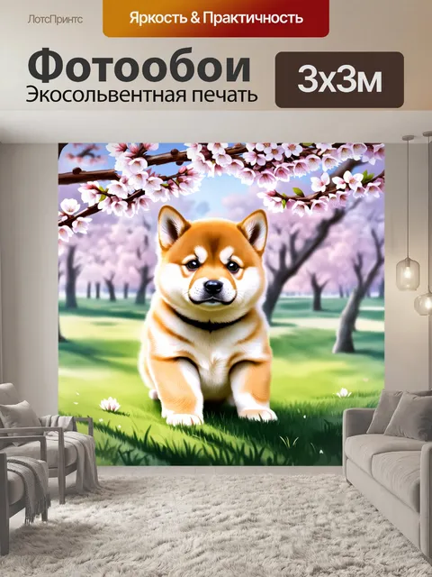 Фотообои маленький щенок сиба ину, окружённый цветущими сакурами, играет в поисках теней