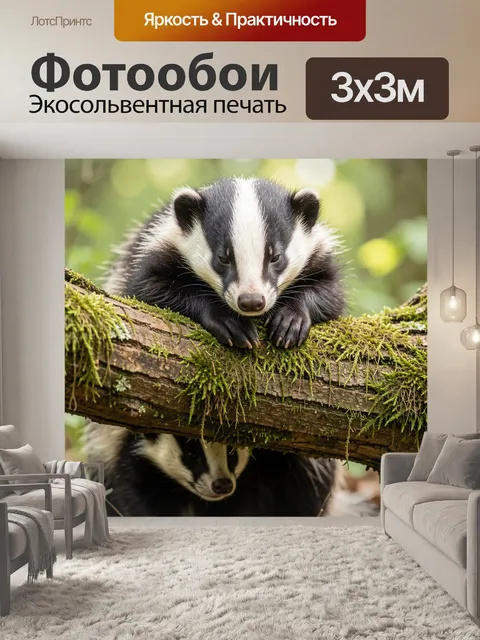 Фотообои Барсуки на лесной ветке