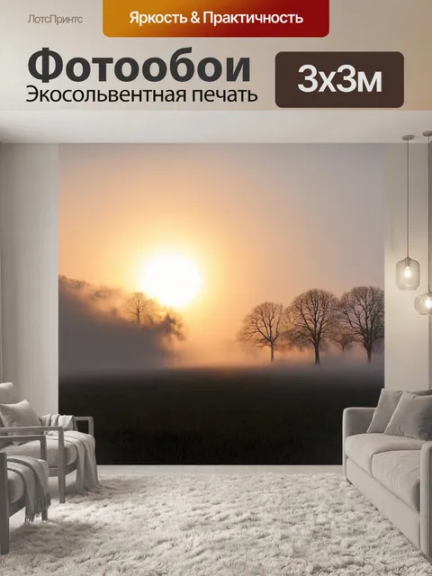 Фотообои туман в стиле аналитический рисунок, романтичный закат с силуэтами деревьев, погруженных в туман