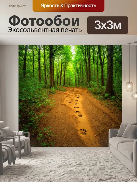Фотообои лес с тропинками, исписанными разными следами животных и птиц