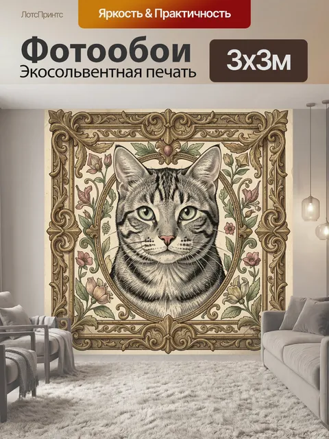 Фотообои Кот в барочном цветочном медальоне