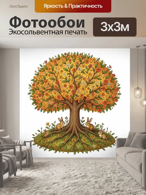 Фотообои Дерево с цветами и зайцами