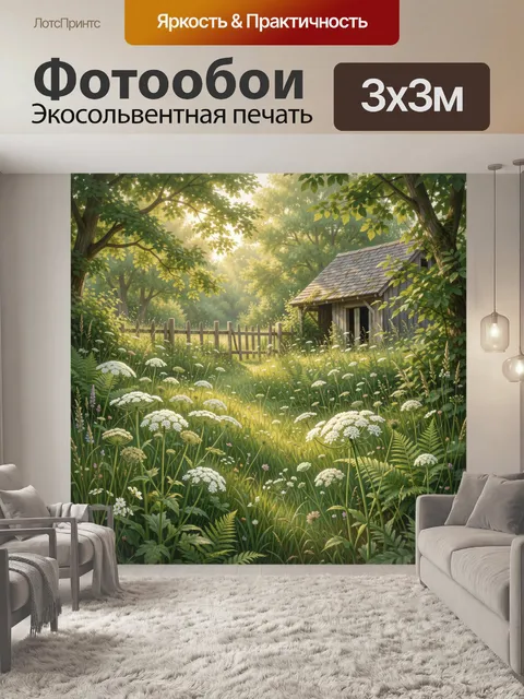 Фотообои Лесная поляна с деревянным домиком
