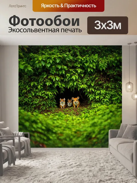 Фотообои лес с маленькими животными, прячущимися в густых кустах
