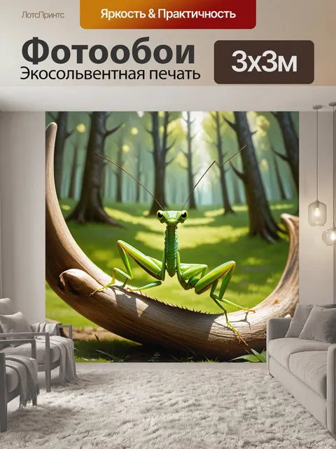 Фотообои изображение зеленого богомола, уютно устроившегося на оленьей рогатке в лесу, окруженном мягким светом