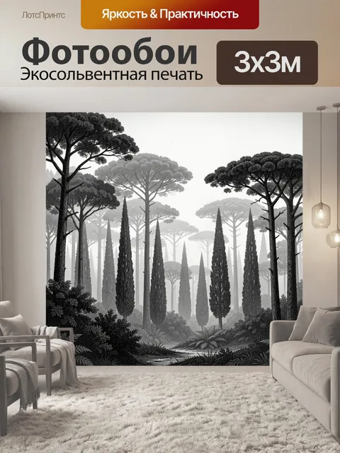 Фотообои Туманный лес с высокими деревьями