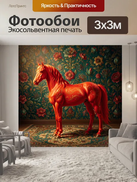 Фотообои Красный конь в цветочном интерьере