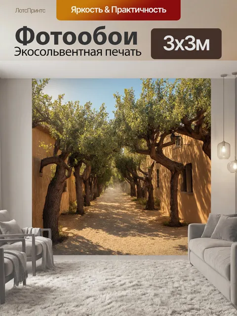 Фотообои прованс: восход нарисованных лучей освещает старинные оливковые деревья, обрамляющие спокойные дорожки
