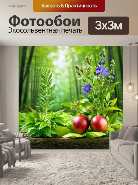 Фотообои с дикой природой: травы, цветы и плоды на фоне леса