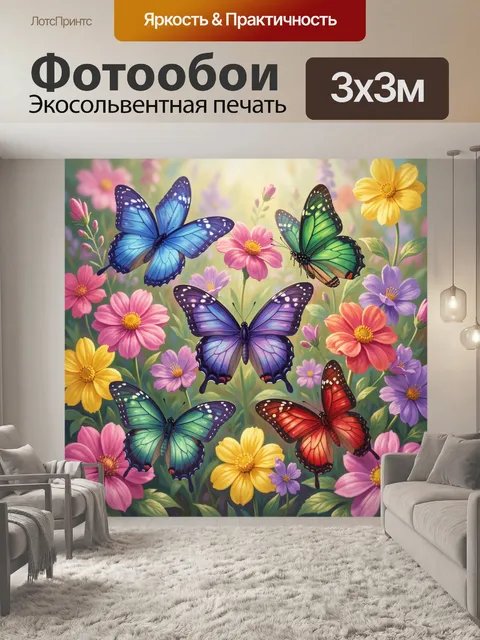 Фотообои Бабочки среди цветущего сада