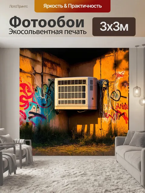 Фотообои стена, покрытая яркими граффити, формирует фон для старомодного кондиционера, который висит на ней