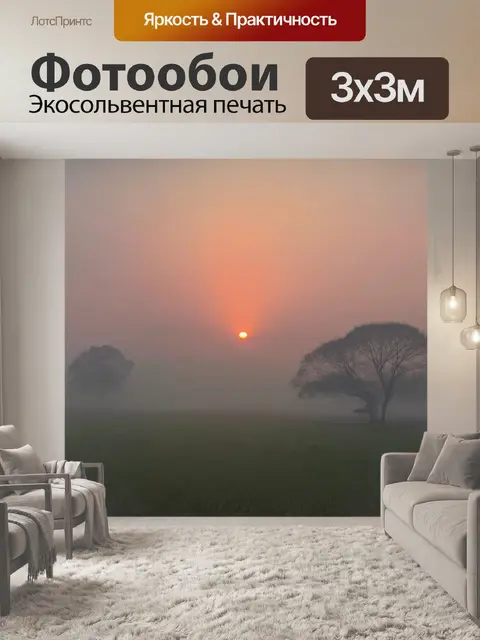 Фотообои туман в стиле романтизм, закат, загаженный туманом, с однообразными силуэтами деревьев на фоне