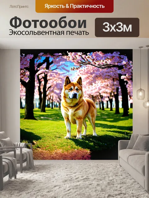 Фотообои японская акита стоит majestically на фоне цветущей сакуры, её шершавая шкура сверкает на солнце