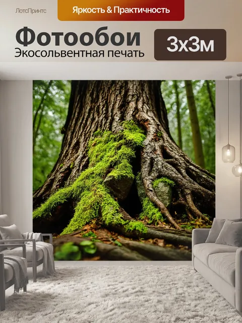 Фотообои огромное древо в тихом лесу, с корнями, обвивающими камни и мхом, проникающим через трещины коры