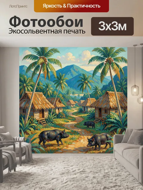 Фотообои Тропическая деревня у гор