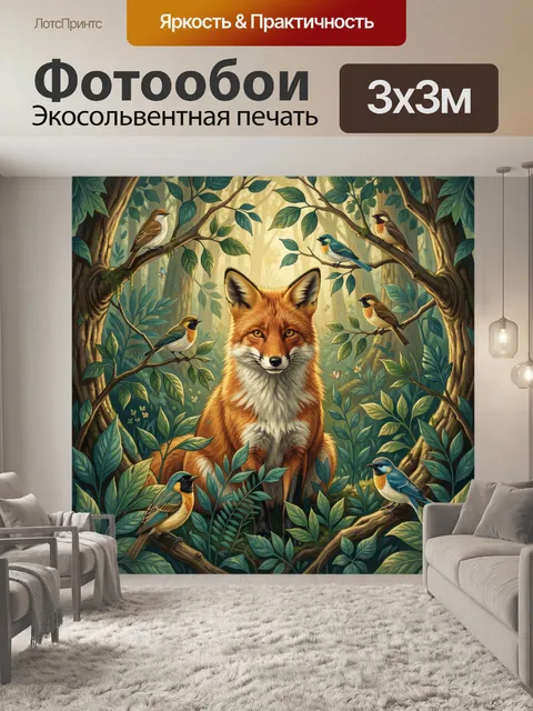 Фотообои Рыжая лиса и птицы в лесу