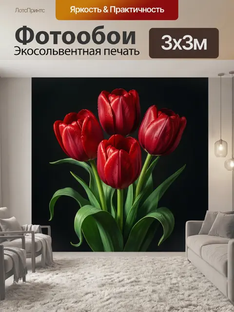Фотообои Красные тюльпаны на темном фоне