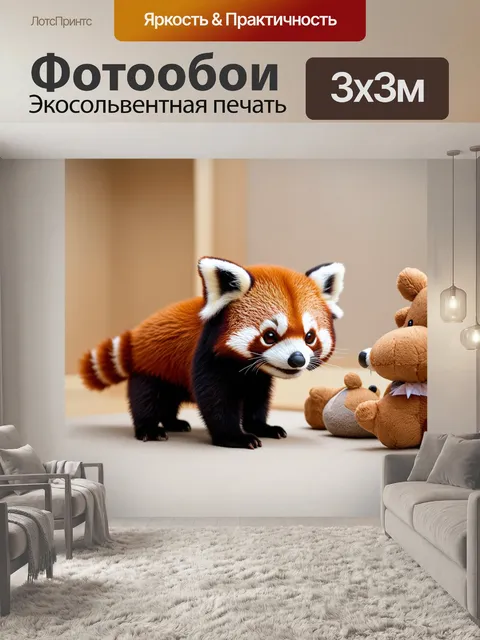 Фотообои маленькая красная панда, играющая с мягкими игрушками в уютной комнате, оформленной в стиле минимализма