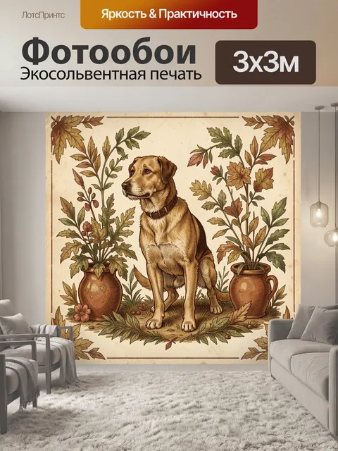 Фотообои Собака в окружении осенних листьев