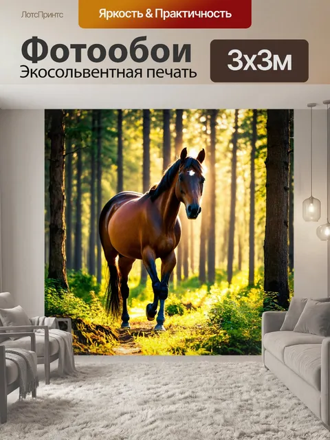 Фотообои конь, который выходит из леса, солнечные лучи пробиваются сквозь деревья