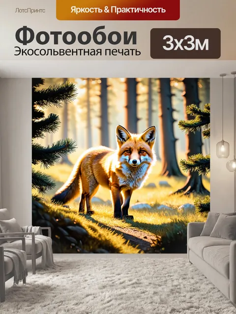 Фотообои лиса, неторопливо исследующая сосновый лес, её шубка переливается на солнышке, окружающие деревья создают…