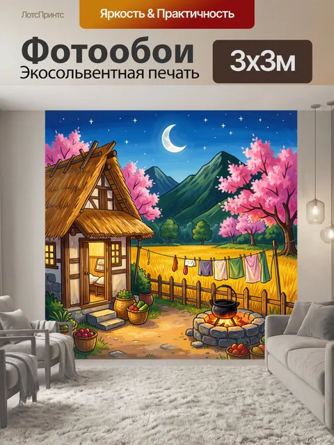 Фотообои Ночная деревня у гор и сакуры