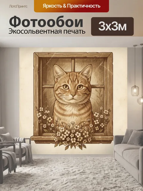 Фотообои Лис-кот у окна в цветах