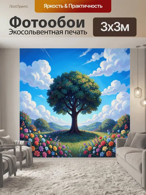 Фотообои Цветущий луг с могучим деревом
