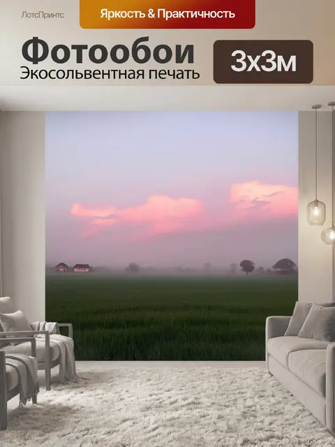 Фотообои туман в стиле модерн, деревенское поле в тумане, молочное утро с румяными облаками, уединение