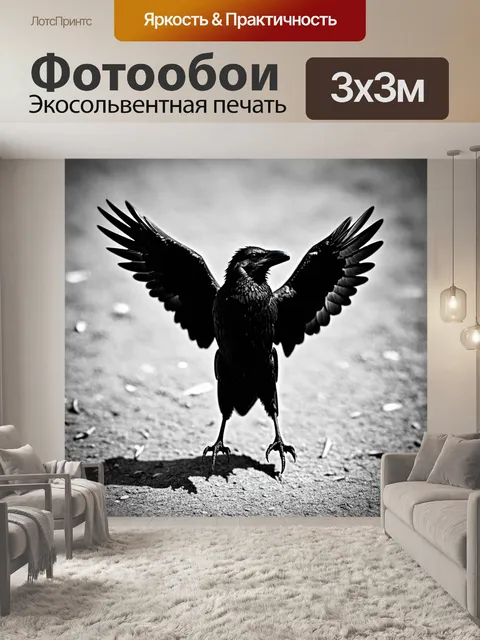 Фотообои черный ворон, наблюдающий за землей с высоты, с его крыльями, альтернативно находящимися в тени и на свету