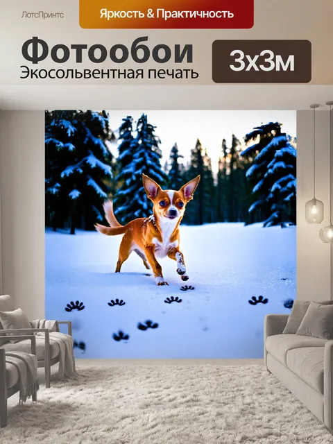 Фотообои на фоне зимнего леса, покрытого белым снегом, чихуахуа прыгает и оставляет следы на блестящей поверхности