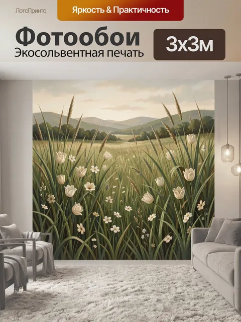 Фотообои Луговые тюльпаны и злаки на закате