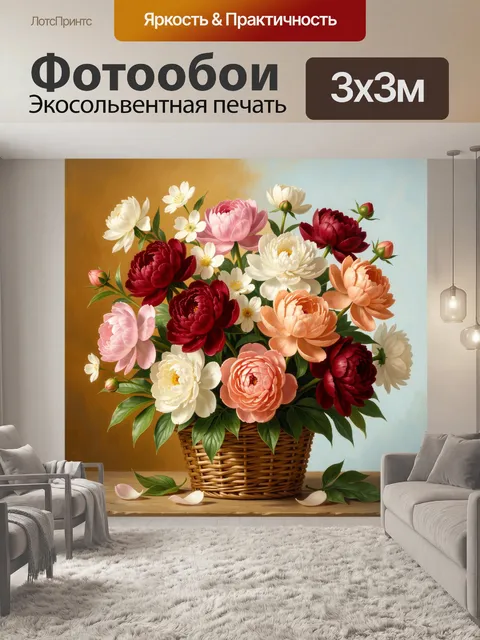 Фотообои Пышный букет пионов в корзине