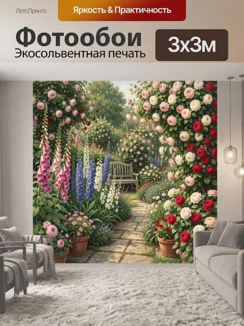 Фотообои Цветущий сад с скамейкой