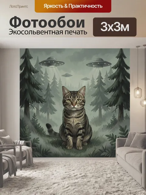 Фотообои Кот в хвойном лесу и НЛО