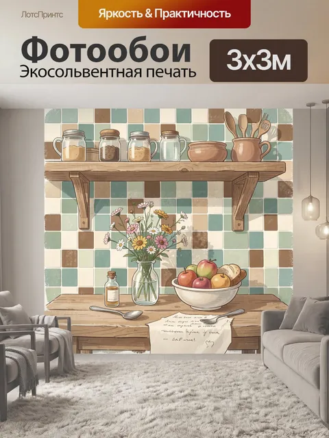 Фотообои Уютная кухня с цветами и фруктами