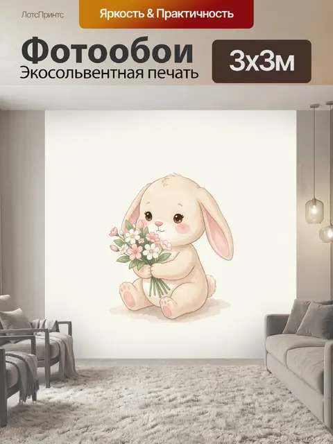 Фотообои Милый зайчик с букетом цветов