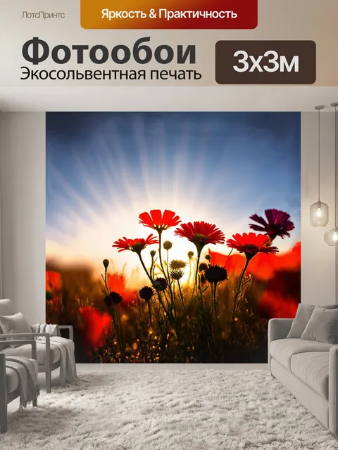 Фотообои полевые цветы, ярко-красные и синие, собраны в небрежный, но живописный букет на фоне заката