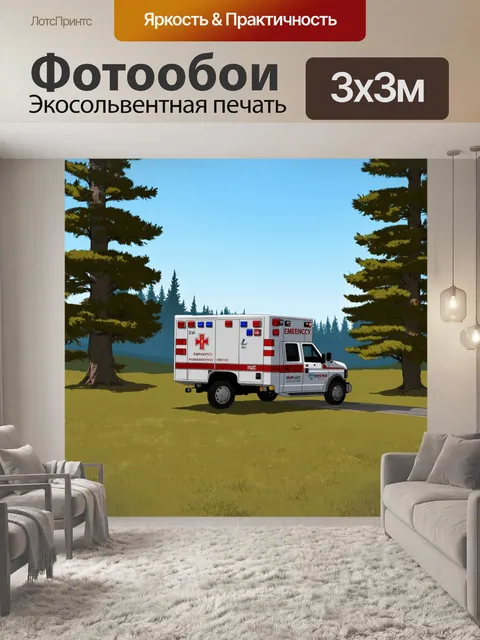 Фотообои вид на фельдшерский автомобиль, стоящий на фоне природного пейзажа, где играет солнечный свет