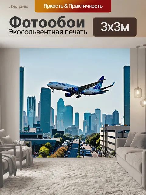 Фотообои с самолетом, который только что покинул международный аэропорт, в фоне виднеются высокие здания и шумные…