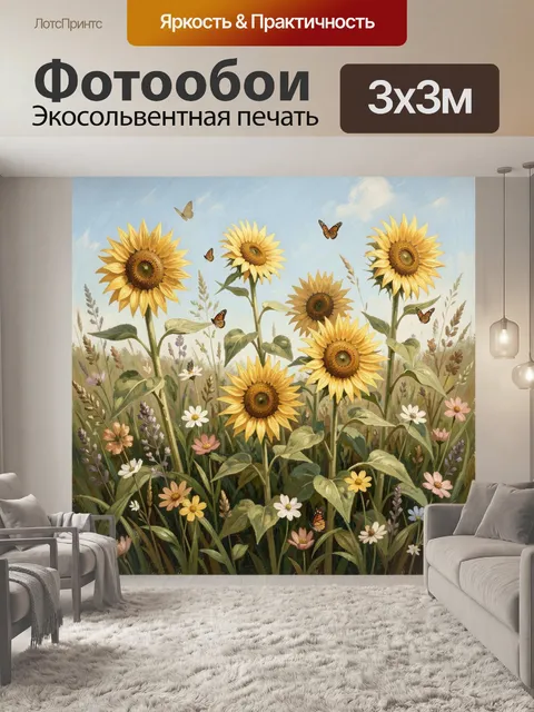 Фотообои Подсолнухи и бабочки в поле