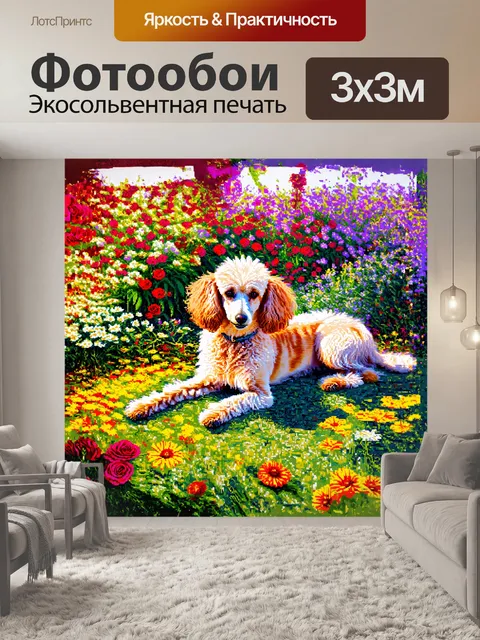 Фотообои пудель, лежащий в цветущем саду, нежно принимает ароматы весны