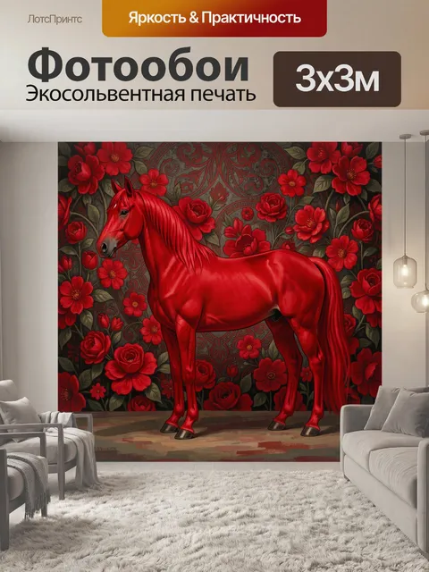 Фотообои Красная лошадь среди цветов