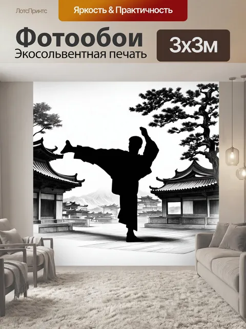 Фотообои изобразите силуэт в позе ушу, выполненной в технике "графитный карандаш"