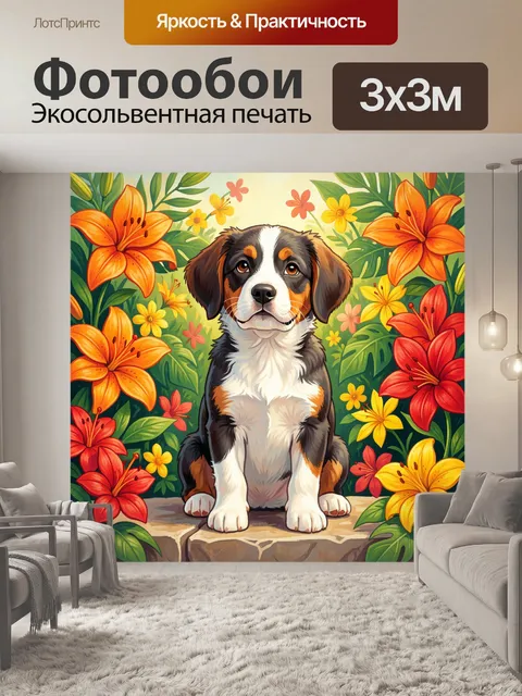 Фотообои Щенок среди тропических цветов