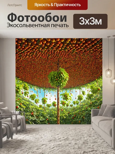 Фотообои в стиле сюрреализм, где крыша кухни покрыта фруктами, которые растут, как деревья в сказочном лесу