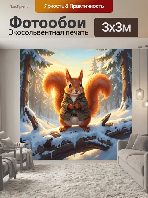 Фотообои Рыжая белка в зимнем лесу