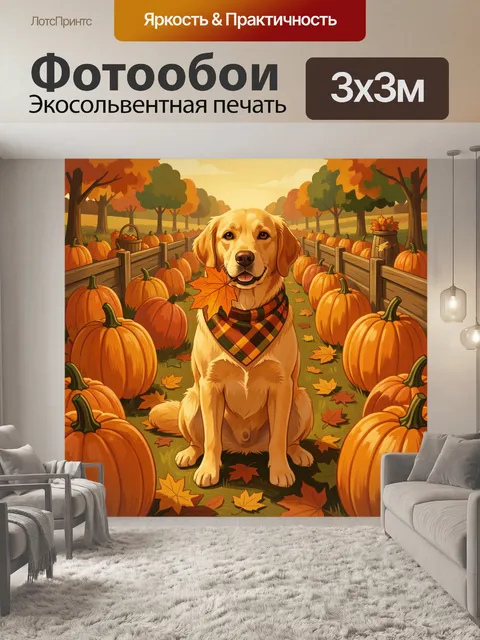 Фотообои Ретривер на тыквенном поле