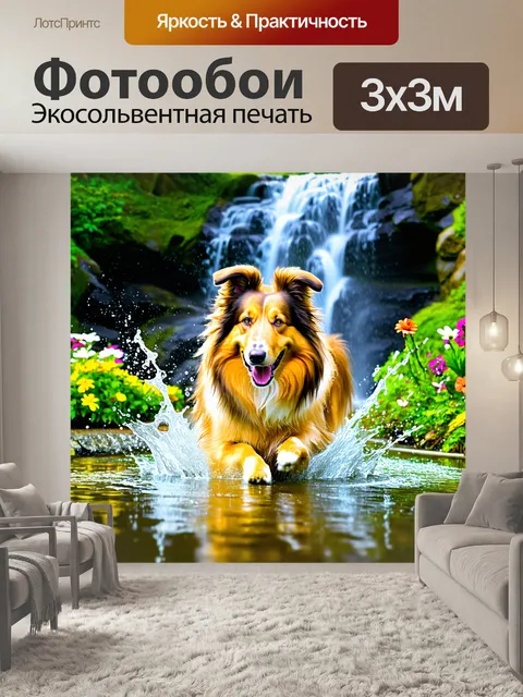 Фотообои на заднем плане водопад, а колли весело играет с разлетающимися брызгами воды