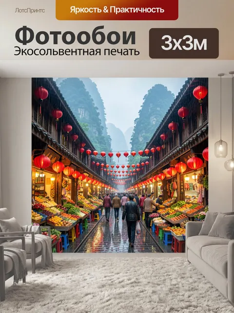 Фотообои Азиатский рынок в дождливом переулке